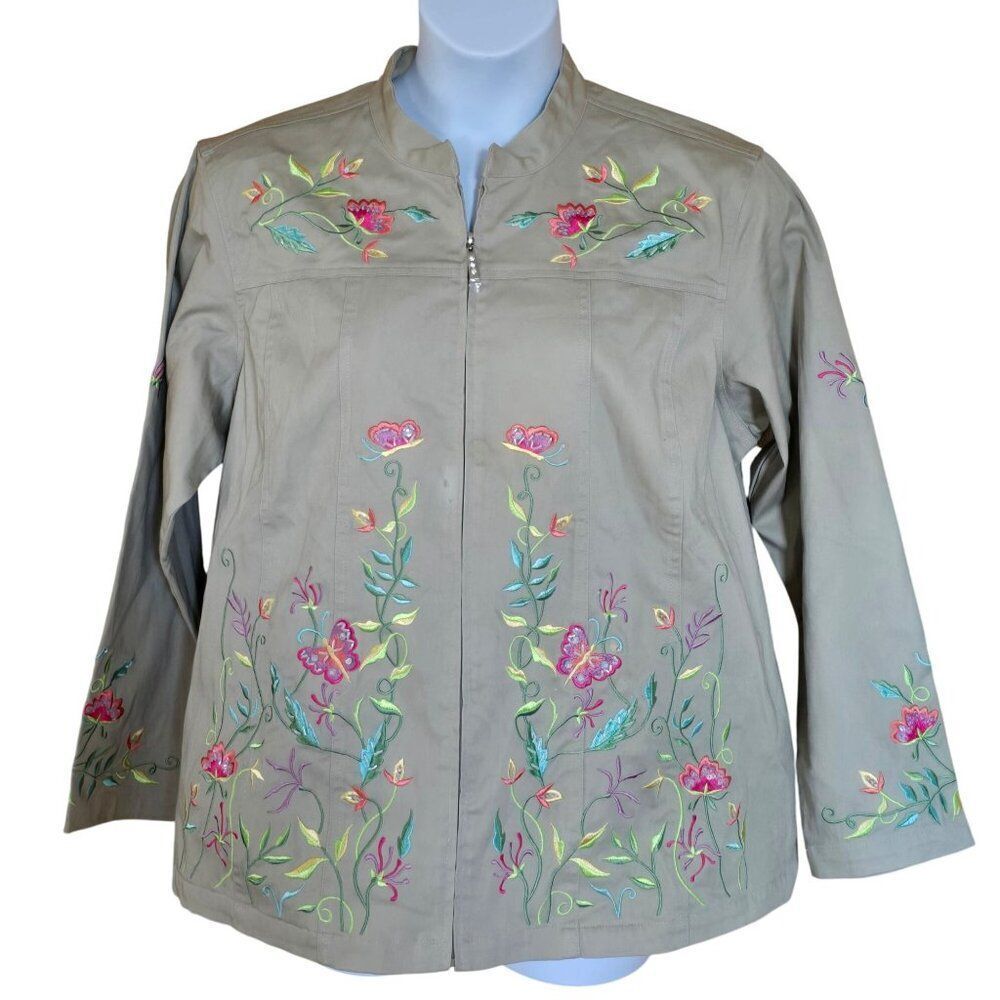Butterfly Embroidered Khaki Zip-Up Jacket Long Sleeve Floral Design (see pic's)